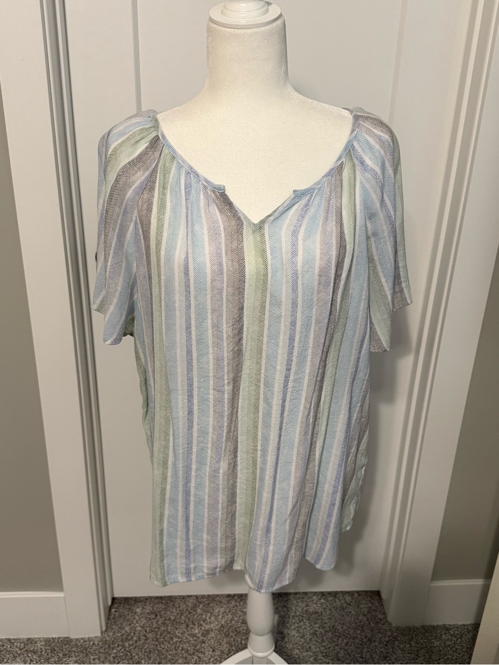 CJ Banks Pastel Multi-Stripe V-Neck Short Sleeve Blouse